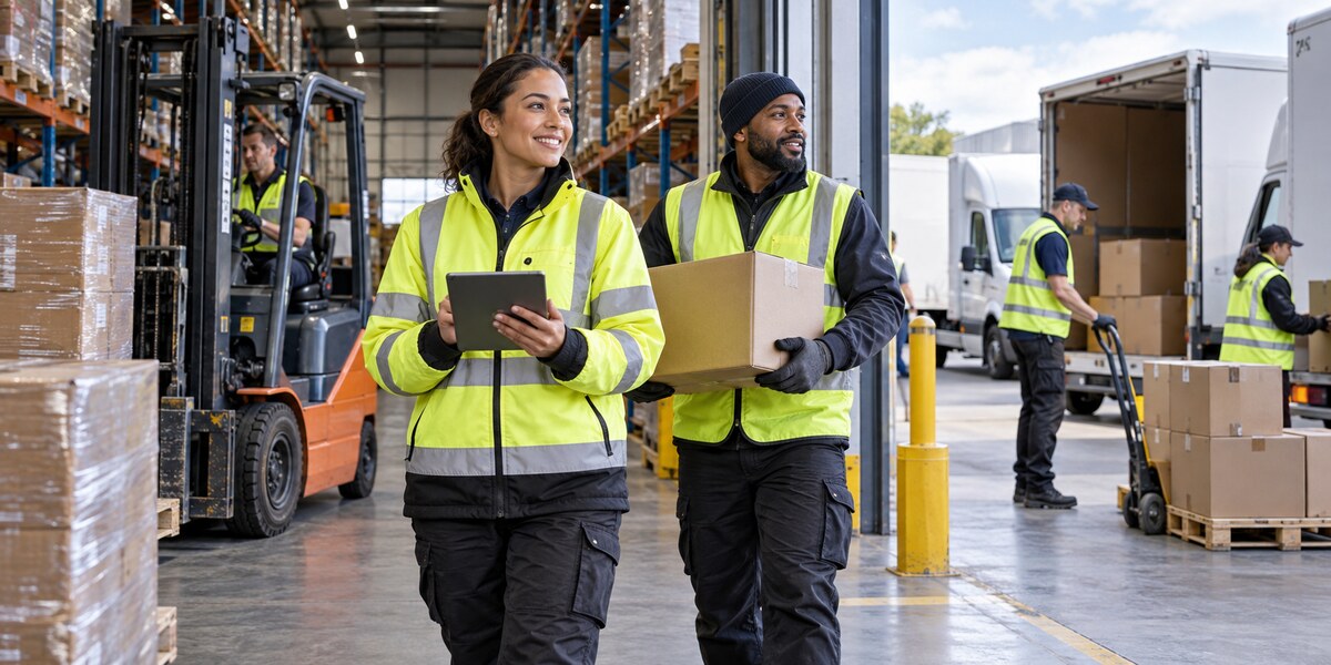Transport and logistics workers in high-visibility clothing at a busy distribution warehouse.