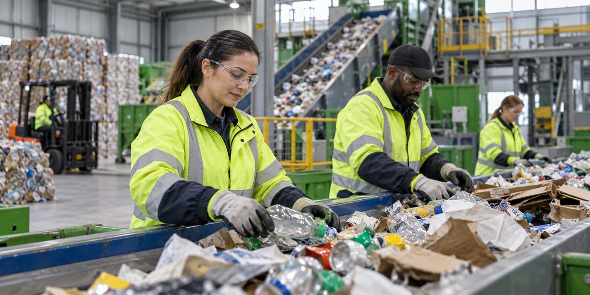 Waste and recycling workers wearing high-visibility clothing at a materials sorting facility.