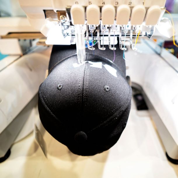 Close-up of an embroidery machine stitching a white design onto a black cap.