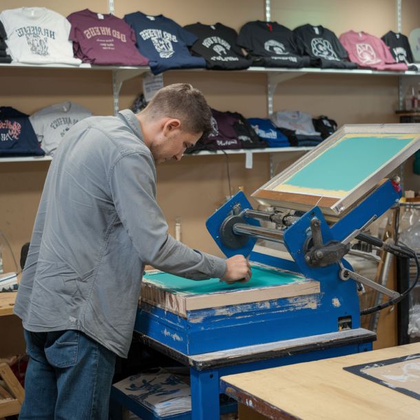 Worker operating a screen-printing machine with printed T-shirts displayed on shelves in the background.