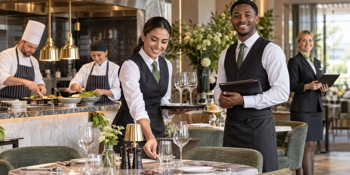 Hospitality team in professional uniforms working in a modern restaurant.