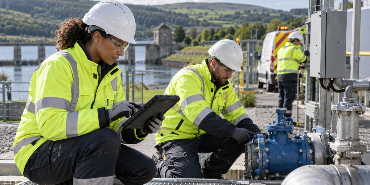 Utilities engineers wearing high-visibility PPE while maintaining water infrastructure.