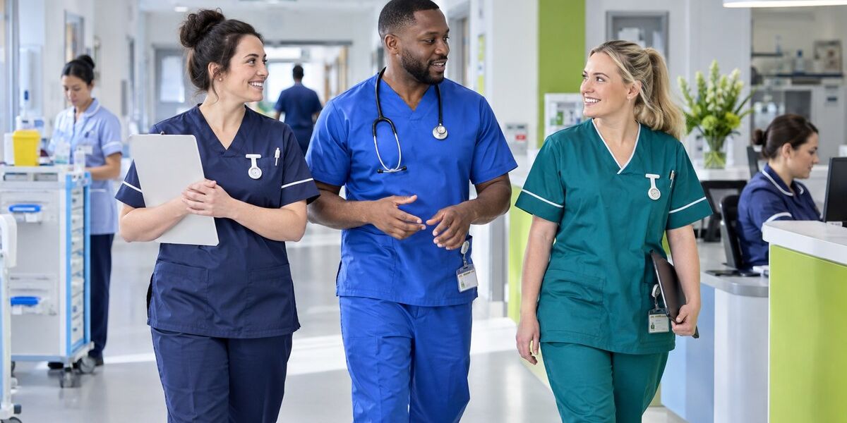 Healthcare professionals wearing coordinated scrubs in a modern clinical setting.