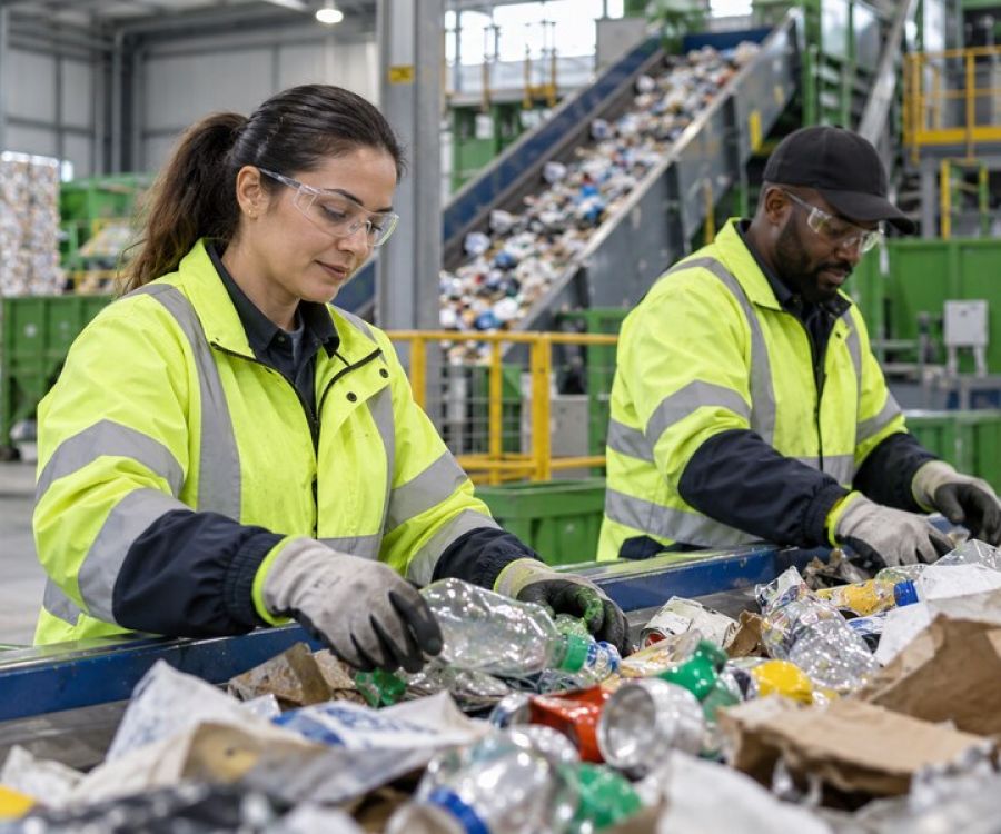 Waste and recycling workers wearing high-visibility clothing at a materials sorting facility.