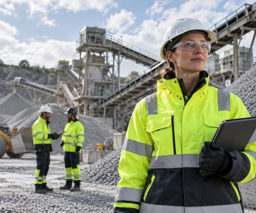 Aggregates workers wearing high-visibility workwear at a quarry processing site.