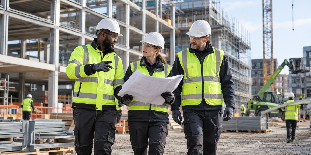 Construction team wearing high-visibility clothing and hard hats on a building site.