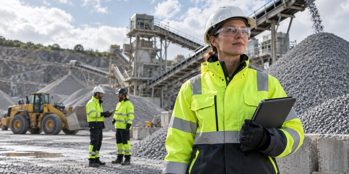 Aggregates workers wearing high-visibility workwear at a quarry processing site.