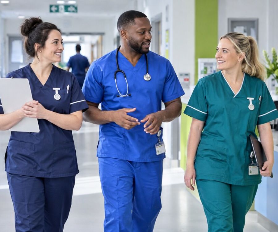 Healthcare professionals wearing coordinated scrubs in a modern clinical setting.