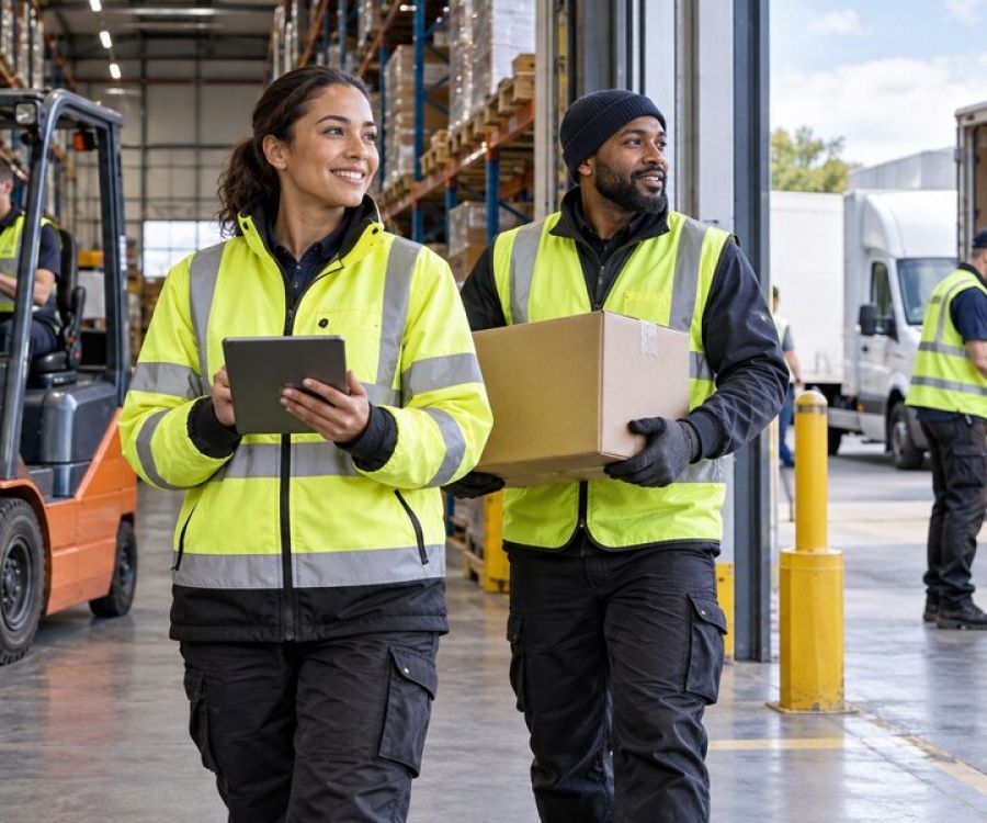 Transport and logistics workers in high-visibility clothing at a busy distribution warehouse.