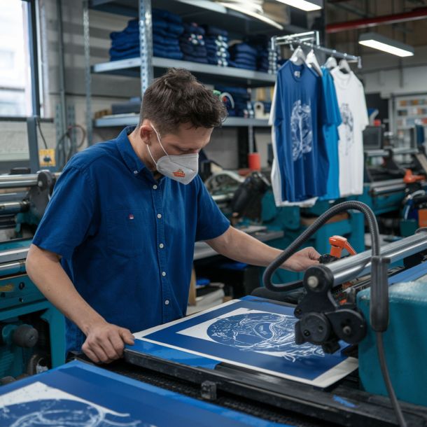 Worker operating a screen-printing press to apply a white design to blue fabric in a garment printing workshop.