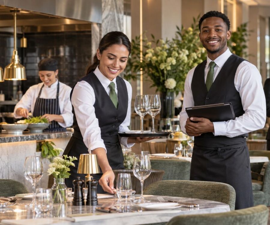 Hospitality team in professional uniforms working in a modern restaurant.