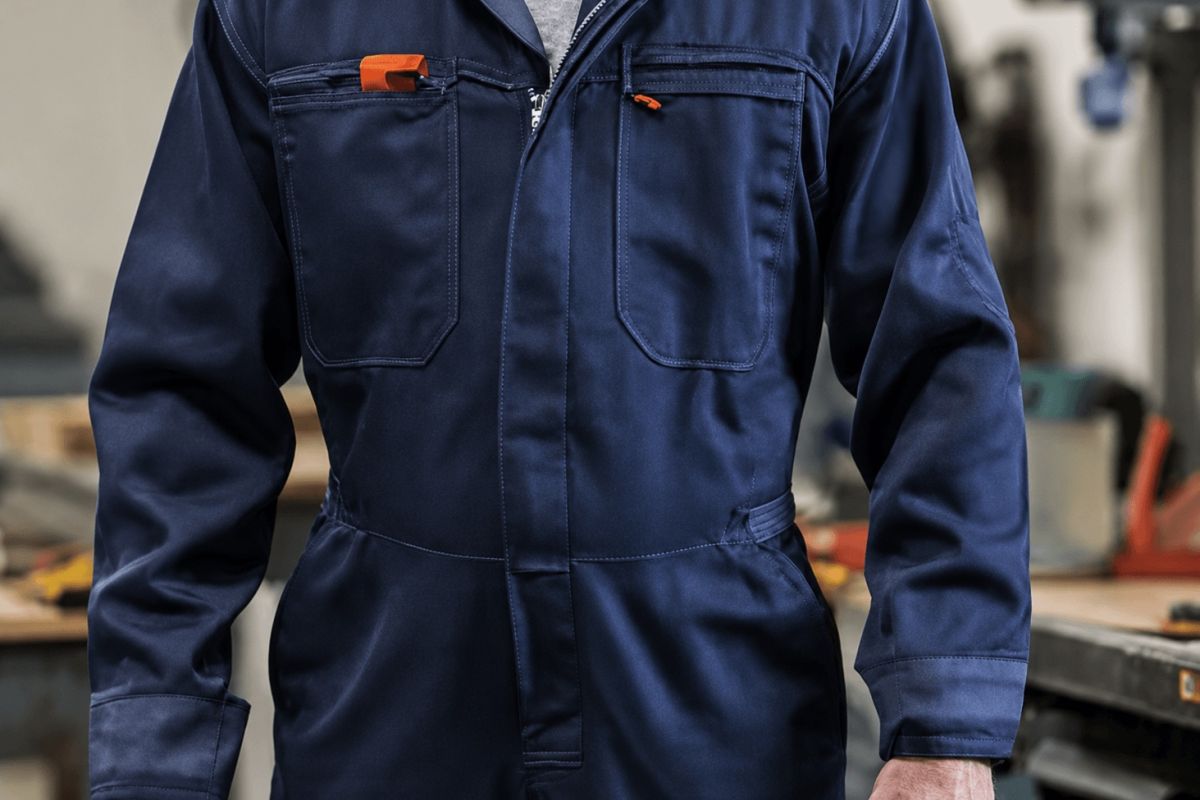 Person wearing navy blue industrial coveralls in a workshop environment.