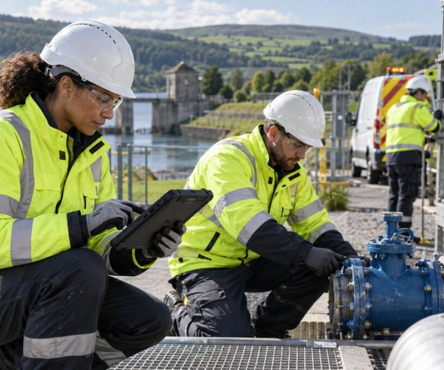 Utilities engineers wearing high-visibility PPE while maintaining water infrastructure.