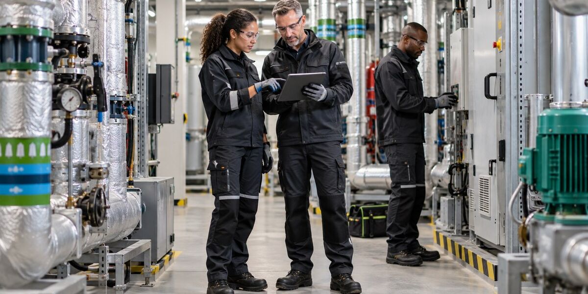 Facilities management team in professional workwear inspecting a commercial plant room.
