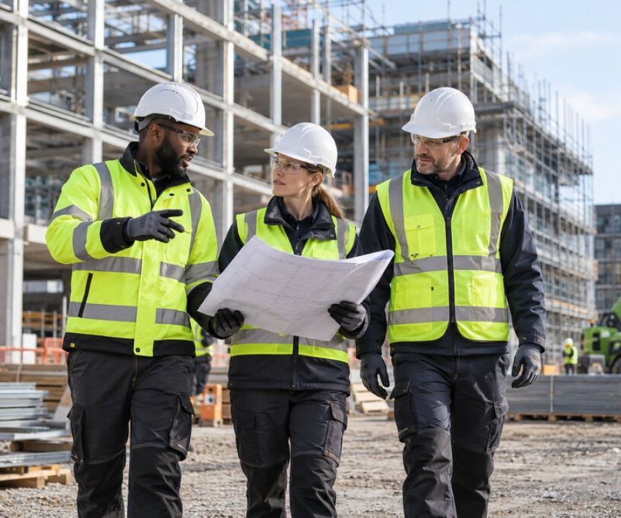 Construction team wearing high-visibility clothing and hard hats on a building site.