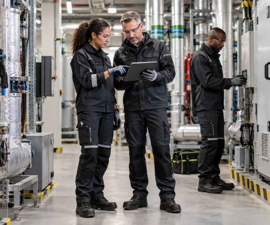 Facilities management team in professional workwear inspecting a commercial plant room.